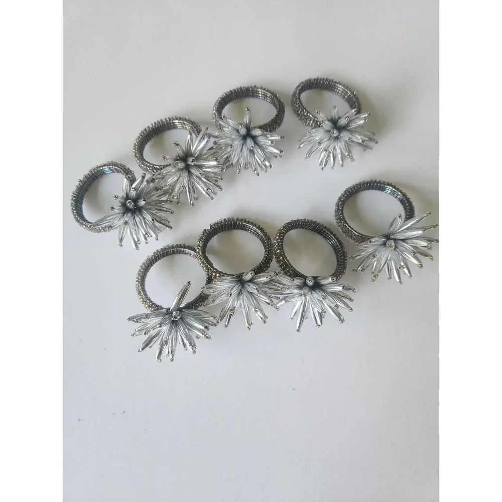 Set of 8 Beaded Starburst Napkin Rings Silver White Floral Burst Table Decor